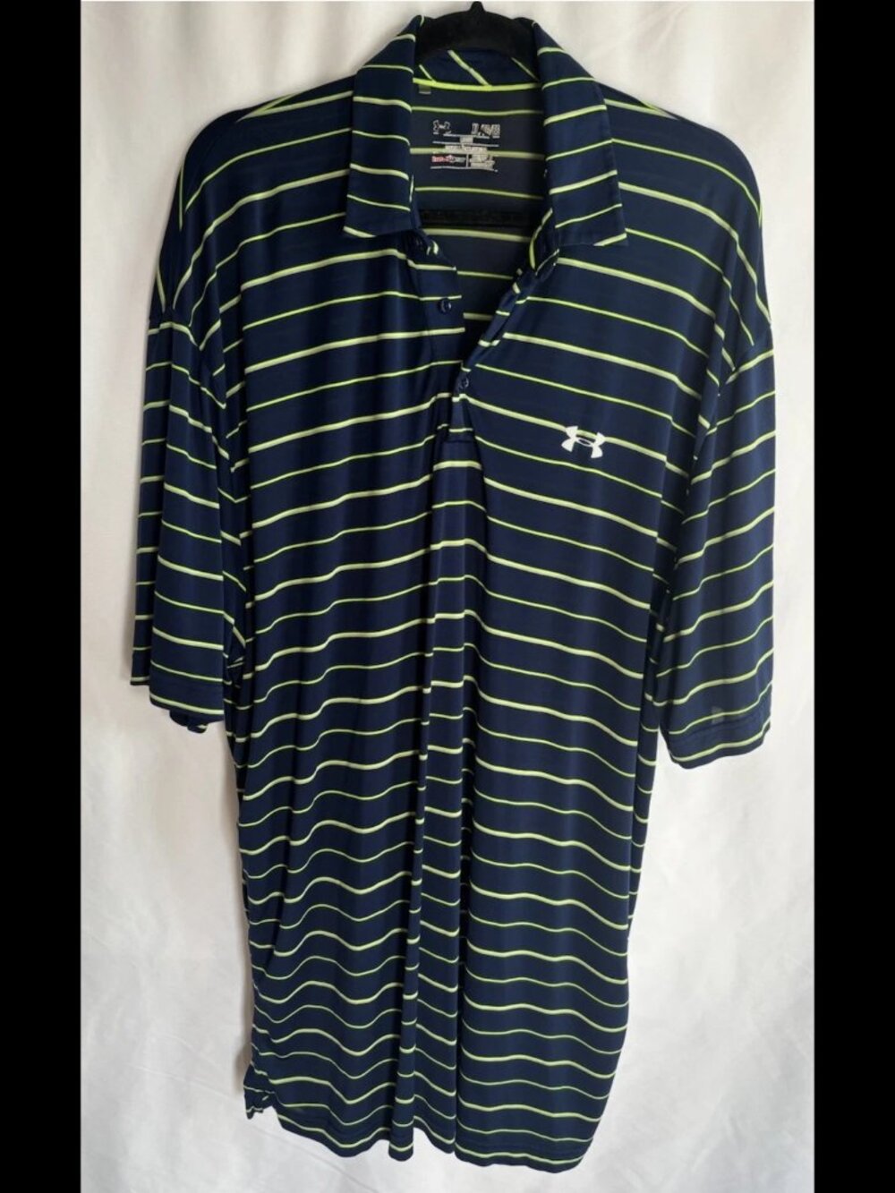 Under Armour HeatGear Polo Shirt Mens XL Loose Navy Green Pinstripe Golf